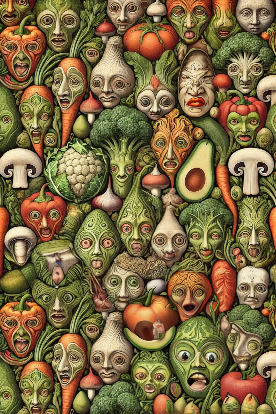 The Vegetable Verses cover art: a crowded field of haunted vegetables and mushrooms.